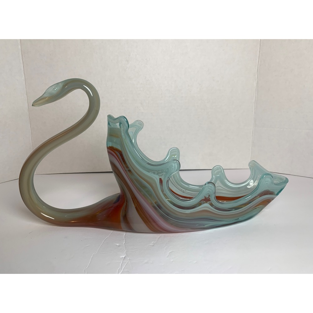 Vintage Hand Blown Art Glass Swan Bowl Multi Color Slag Glass Centerpiece 13"